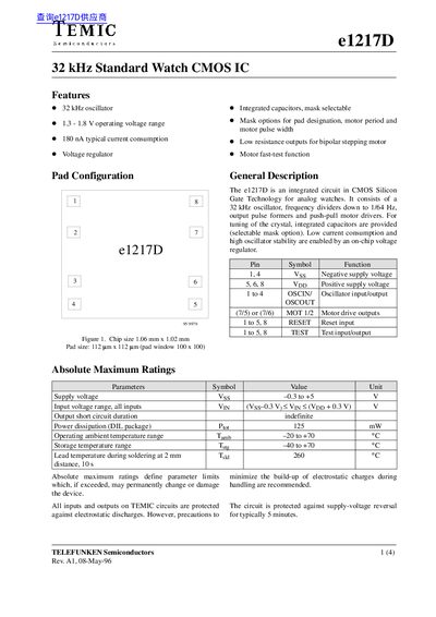TEMIC e1217D 32 kHz Standard Watch CMOS IC Datasheet - cover page