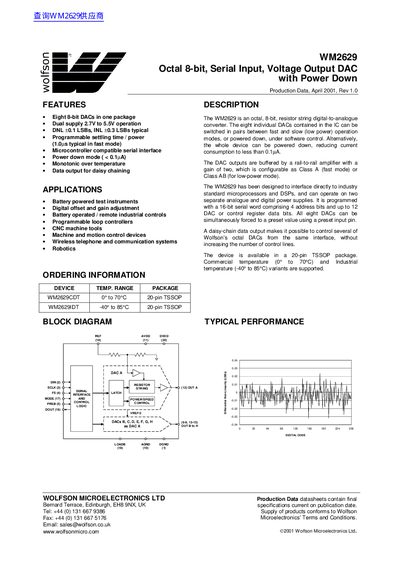 Wolfson WM2629 Octal 8-bit DAC Datasheet - cover page