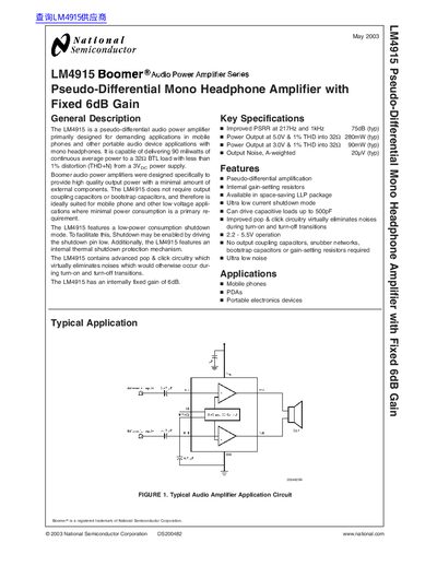 National Semiconductor LM4915 Pseudo-Differential Mono Headphone Amplifier with Fixed 6dB Gain Data Sheet - cover page