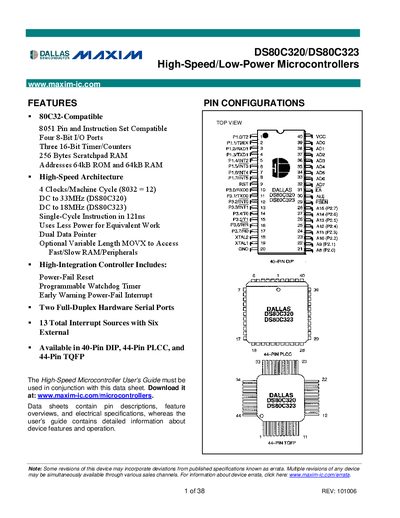 Maxim DS80C320/DS80C323 High-Speed/Low-Power Microcontrollers Datasheet - cover page