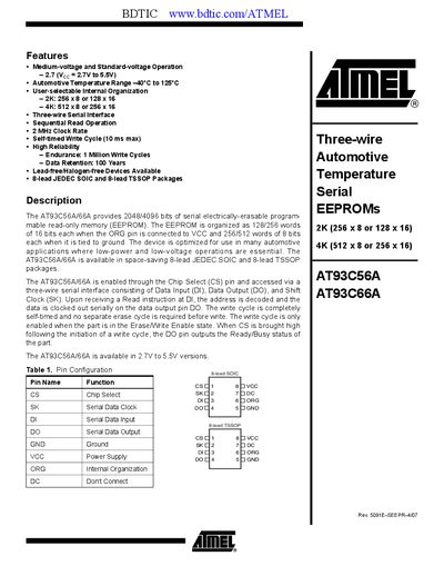 Atmel AT93C56A/AT93C66A Datasheet - cover page