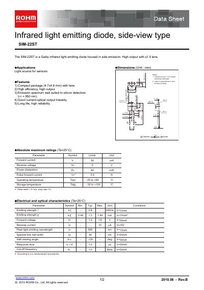 ROHM SIM-22ST Infrared LED Datasheet - cover page