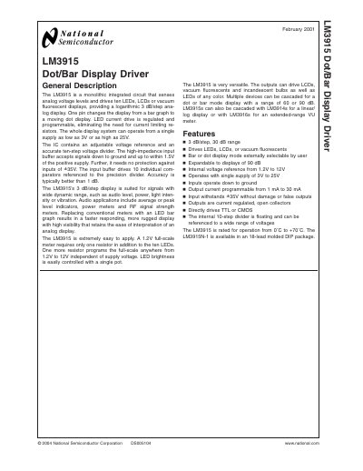 National Semiconductor LM3915 Dot/Bar Display Driver Handbook - cover page