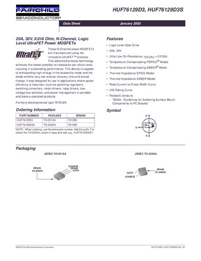 Fairchild Semiconductor HUF76129D3/HUF76129D3S N-Channel Power MOSFET Datasheet - cover page