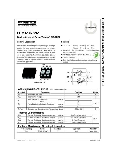 Fairchild Semiconductor FDMA1028NZ Dual N-Channel MOSFET Datasheet - cover page
