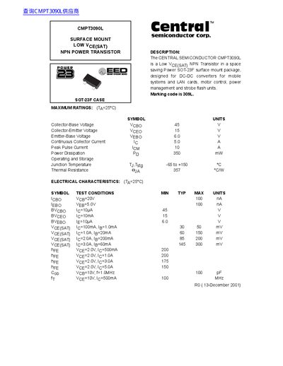 Central Semiconductor CMPT3090L NPN Power Transistor Datasheet