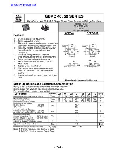 TSC GBPC 40/50 Series High Current Bridge Rectifier Datasheet - cover page