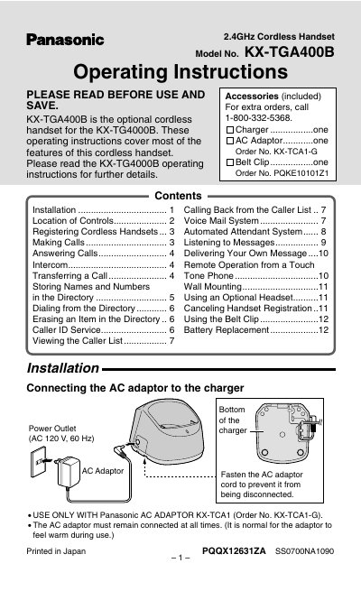 Panasonic KX-TGA400B Cordless Handset Operating Instructions - cover page