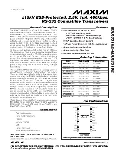 Maxim MAX3316E–MAX3319E RS-232 Transceiver Datasheet