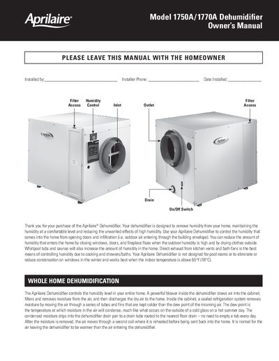 Aprilaire 1750A/1770A Whole-House Dehumidifier Owner's Manual - cover page