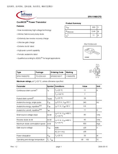 Infineon SPA11N60CFD CoolMOS Power Transistor Datasheet - cover page