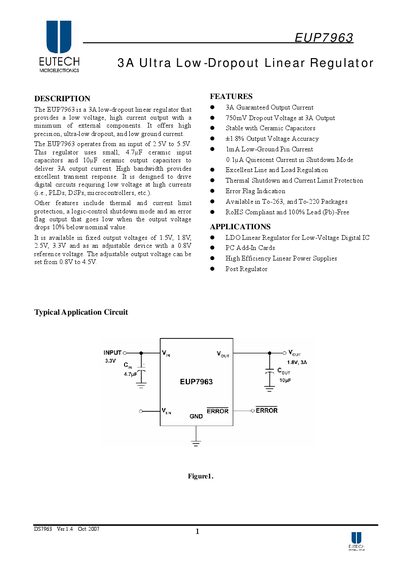 EUTECH EUP7963 3A Ultra Low-Dropout Linear Regulator Datasheet - cover page