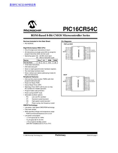 Microchip PIC16CR54C Data Sheet - cover page