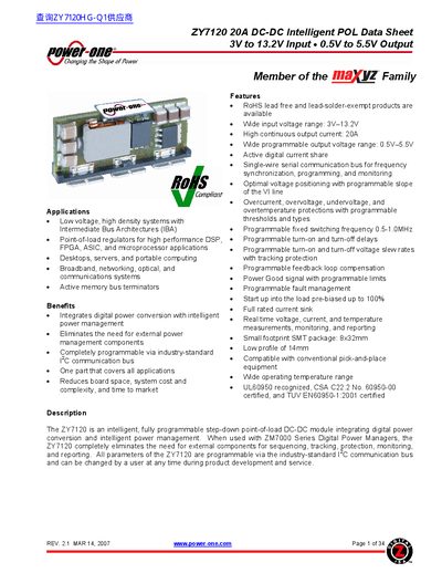Power-One ZY7120 20A DC-DC Intelligent POL Data Sheet - cover page