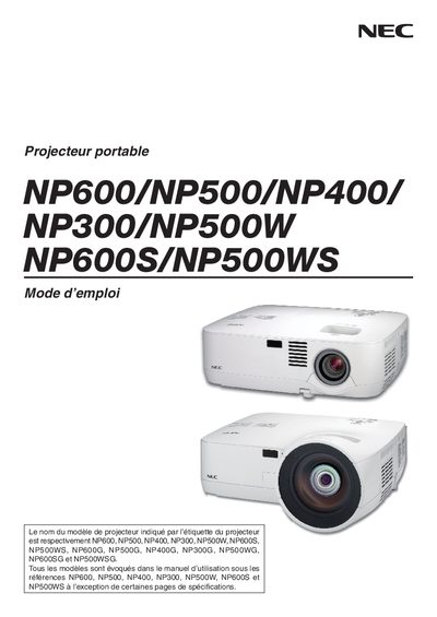 NEC NP600G/NP500G/NP400G/NP300G/NP500WG/NP600SG/NP500WSG Projector User Manual - cover page