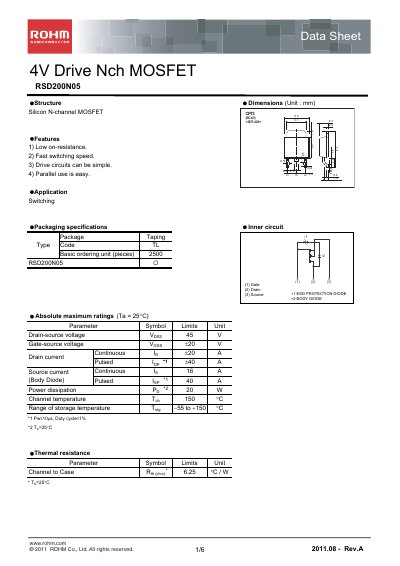 ROHM RSD200N05 Data Sheet - cover page