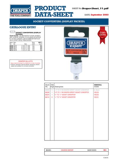 Draper Socket Converter Data Sheet - cover page