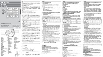 Nikon AF Nikkor 85mm f/1.8 D Instruction Manual