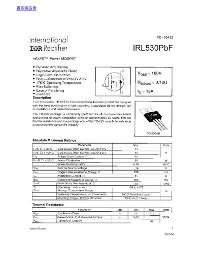 International Rectifier IRL530PbF Datasheet - cover page