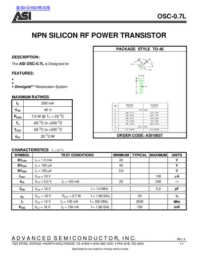 ASI OSC-0.7L NPN Silicon RF Power Transistor Datasheet - cover page