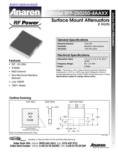 Anaren RFP-250250-4AAXX Surface Mount Attenuator Datasheet - cover page