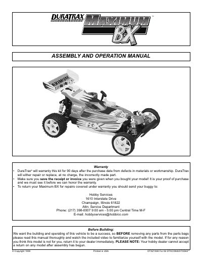 DuraTrax Maximum BX Assembly and Operation Manual - cover page
