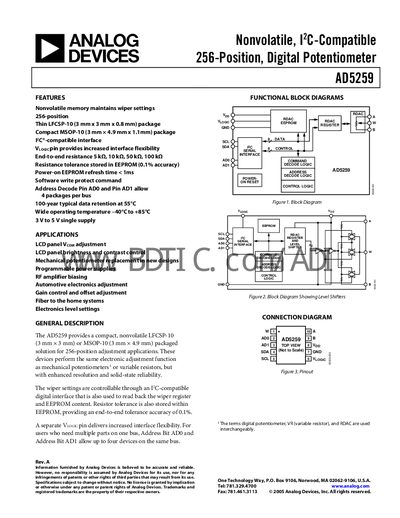 Analog Devices AD5259 Digital Potentiometer Datasheet - cover page