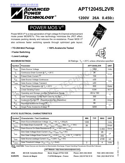 ADVANCED POWER TECHNOLOGY APT12045L2VR 1200V 26A 0.450W handbook - cover page