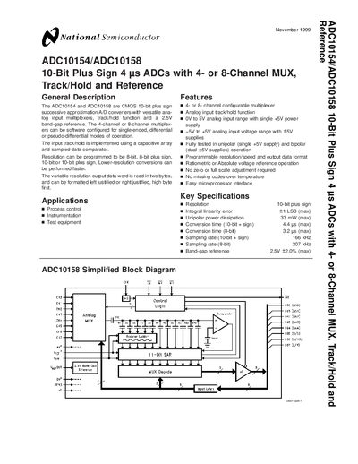 NATIONAL SEMICONDUCTOR - ADC10154/ADC10158 10-Bit Plus Sign 4 s ADCs with 4- or 8-Channel MUX Track/Hold Reference handbook - cover page