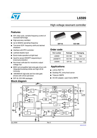 STMicroelectronics L6599 High-Voltage Resonant Controller Datasheet - cover page