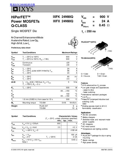 IXYS IXFK/IXFX 24N90Q Power MOSFET Preliminary Data Sheet - cover page