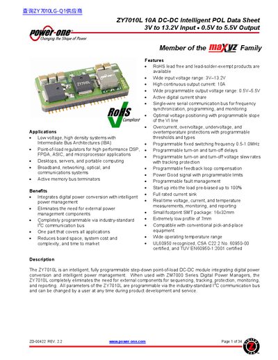 Power-One ZY7010L 10A DC-DC Intelligent POL Data Sheet - cover page