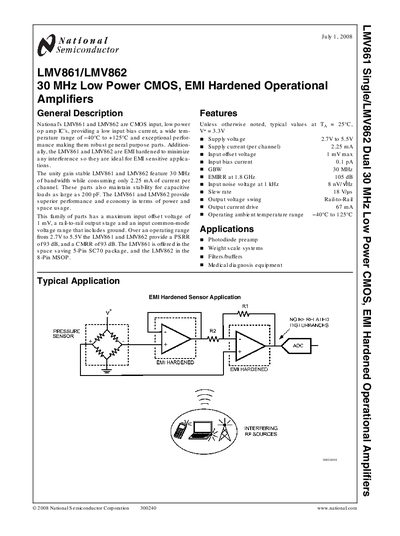 National Semiconductor LMV861/LMV862 Operational Amplifier Datasheet - cover page