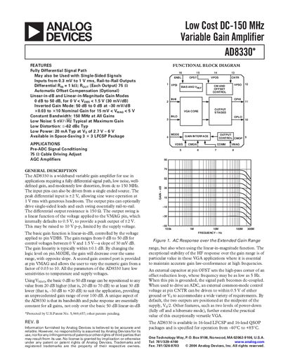 ANALOG DEVICES Low Cost DC-150 MHz Variable Gain Amplifier AD8330 handbook  - cover page