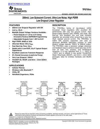 Texas Instruments TPS799xx Low Dropout Linear Regulator Datasheet