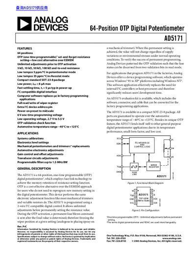 Analog Devices AD5171 Digital Potentiometer Datasheet - cover page