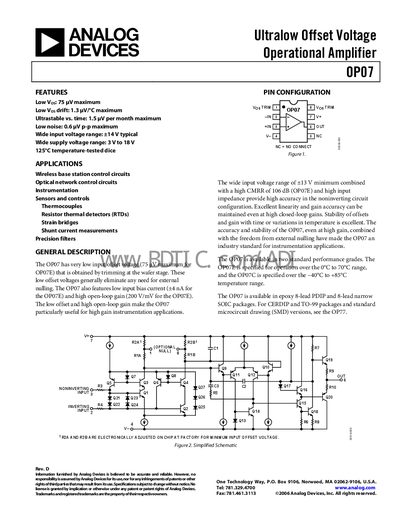 Analog Devices OP07 Operational Amplifier Datasheet - cover page