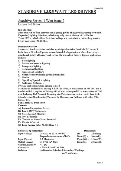 Sumatec Stardrive Series LED Driver Technical Data Sheet - cover page