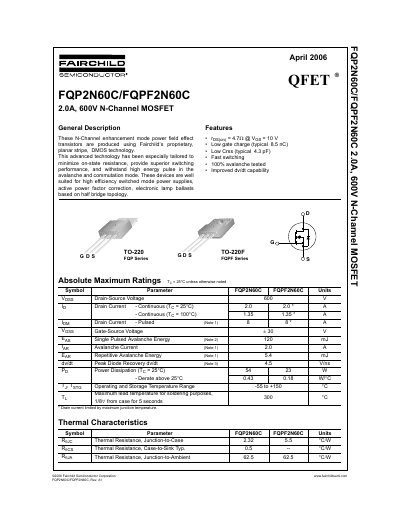 Fairchild FQP2N60C/FQPF2N60C 2.0A 600V N-Channel MOSFET Datasheet