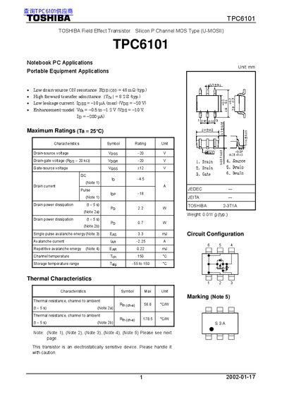 Toshiba TPC6101 P Channel MOSFET Datasheet - cover page