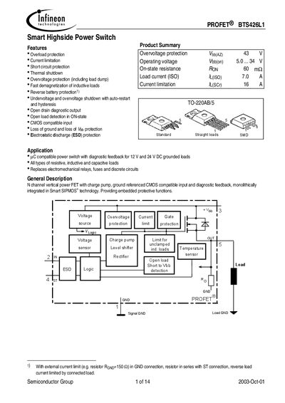 Infineon BTS426L1 Smart Highside Power Switch Handbook - cover page
