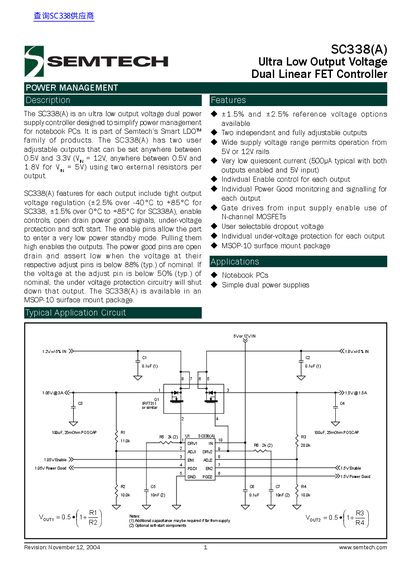 Semtech SC338(A) Dual Linear FET Controller Datasheet - cover page