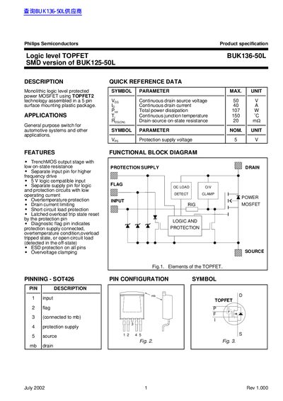 Philips BUK136-50L Logic Level TOPFET Datasheet - cover page