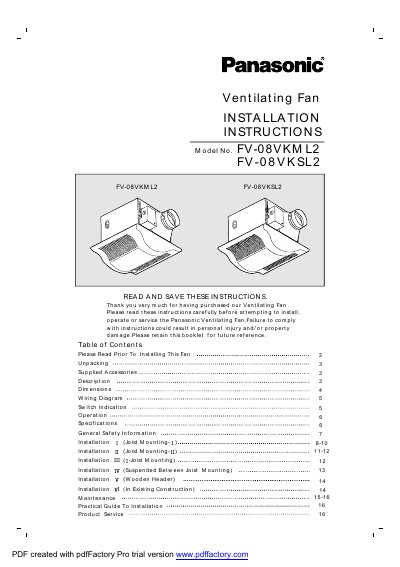 Panasonic FV-08VKML2/FV-08VKSL2 Ventilating Fan Installation Instructions - cover page