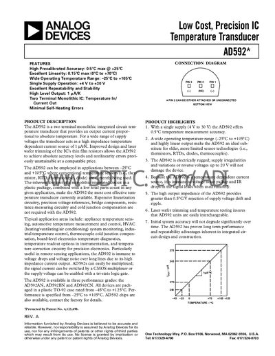 Analog Devices AD592 Temperature Transducer Datasheet - cover page