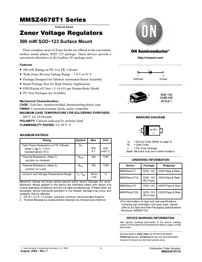 ON Semiconductor MMSZ4678T1 Series Zener Voltage Regulators Datasheet - cover page