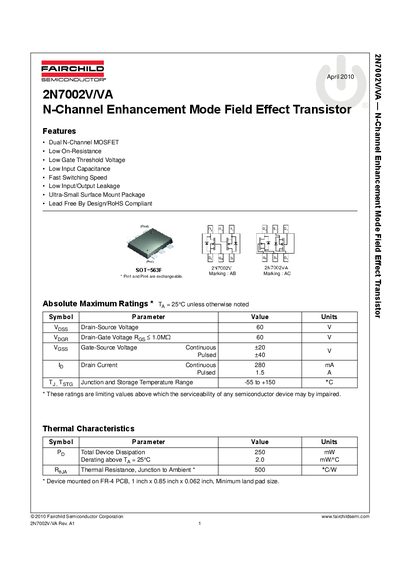 Fairchild 2N7002V/VA Dual N-Channel MOSFET Datasheet - cover page