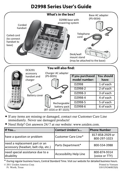 Uniden D2998 Series Telephone System User's Guide - cover page