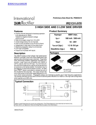 International Rectifier IR2131(J)(S) High Side and Low Side Driver Datasheet