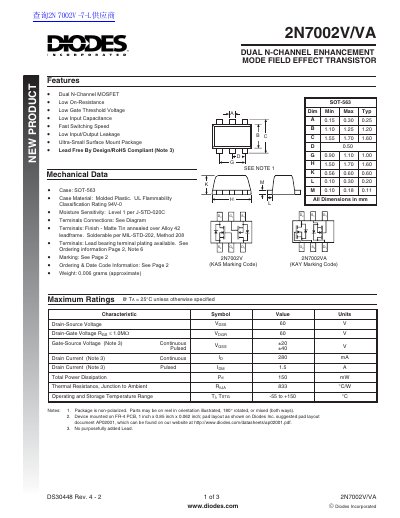 Diodes Incorporated 2N7002V/VA Dual N-Channel Enhancement Mode Field Effect Transistor Datasheet
